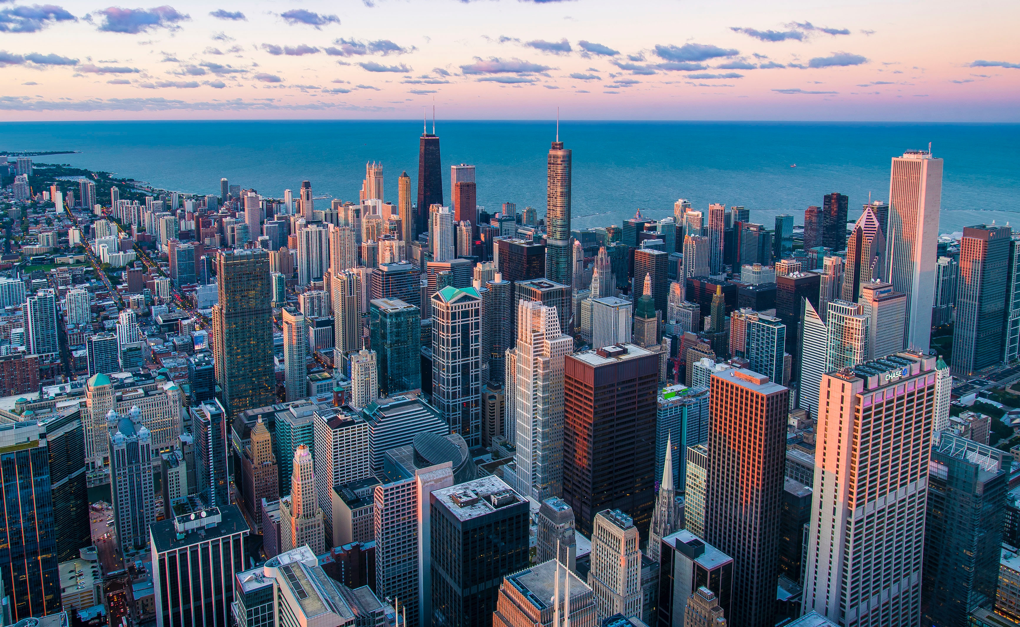 Aerial view of Downtown Chicago with a view of Lake Michigan