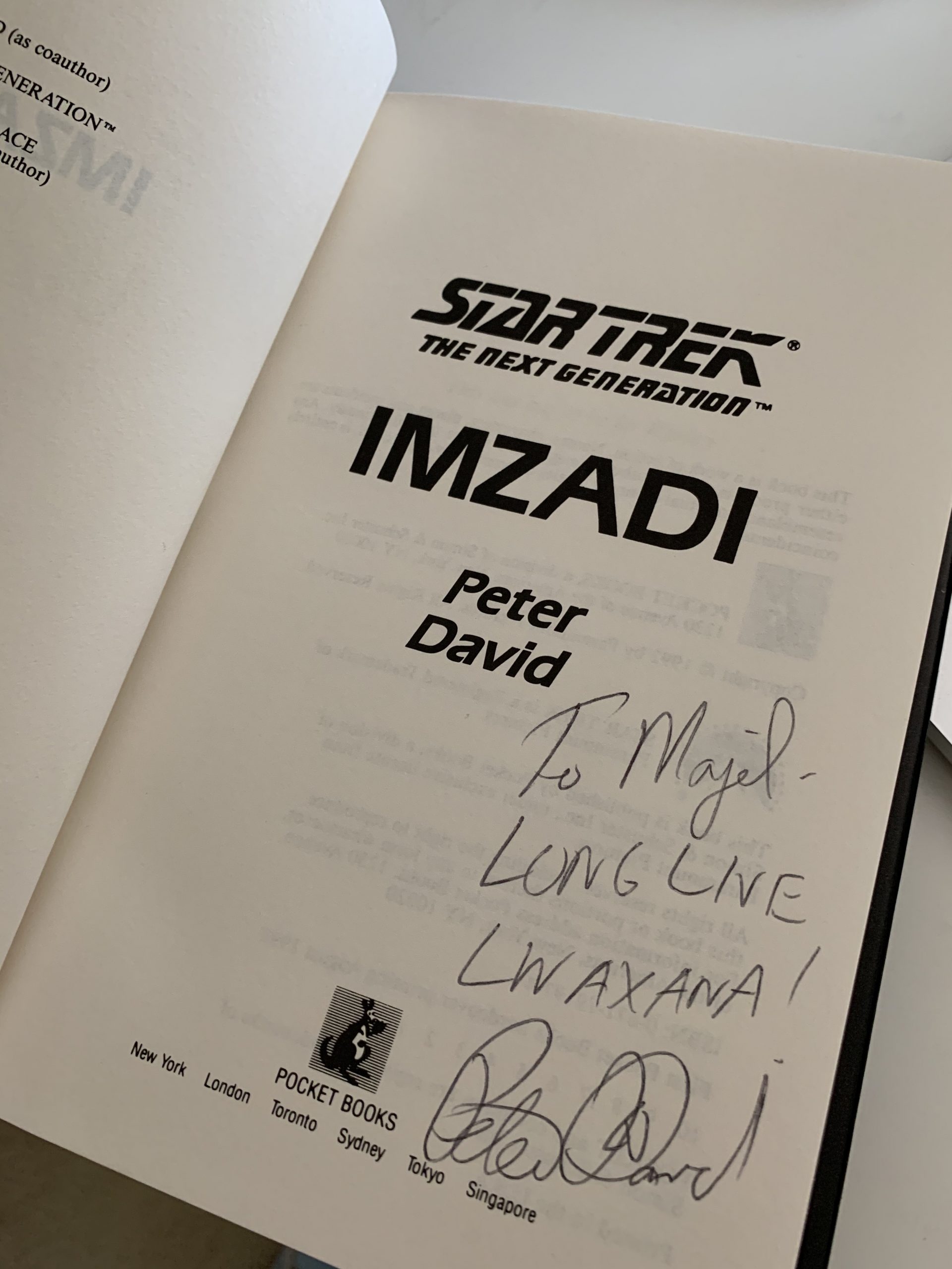 Alison's Imzadi novel, inscribed to Majel from author Peter David